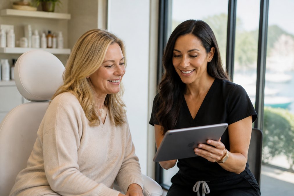 Woman in her 50s receiving a consultation with a skincare professional in a modern medical aesthetics clinic, both smiling and reviewing treatment options on a tablet, natural lighting from floor-to-ceiling windows