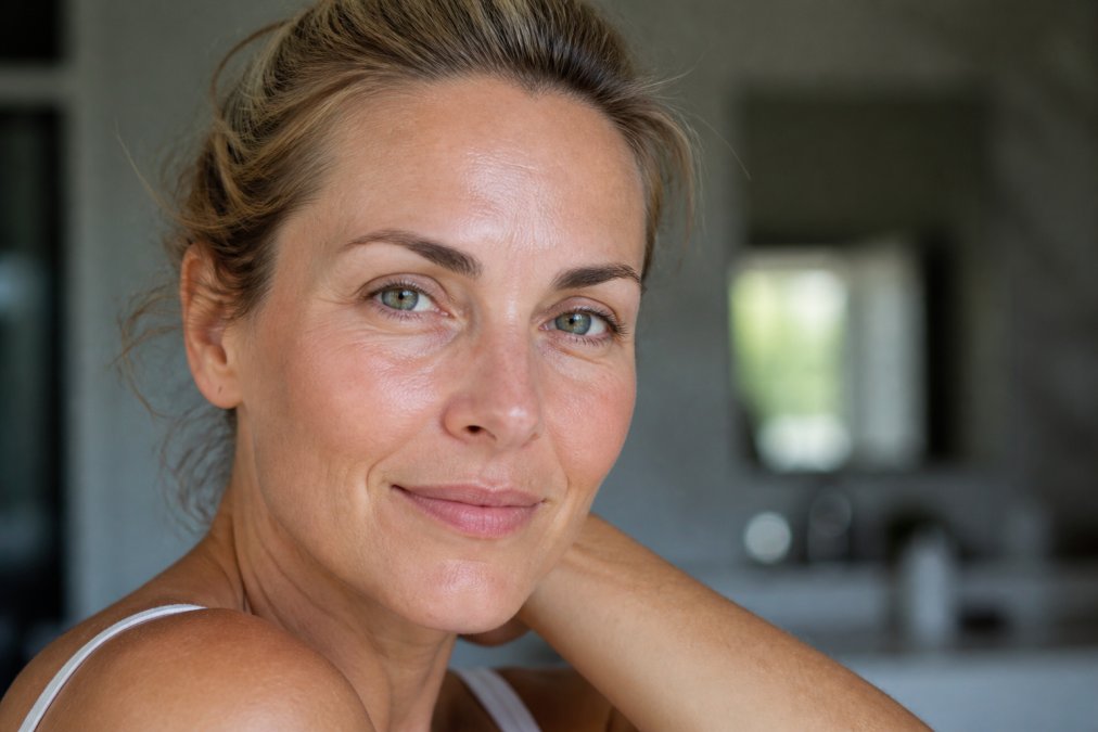 Close-up of a woman's face showing natural skin texture and radiance, soft natural lighting, skin appearing fresh and luminous without visible makeup or heavy filters