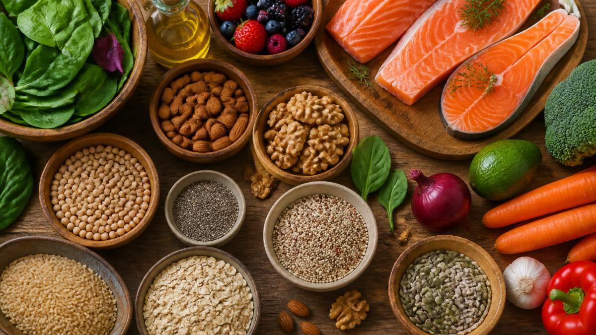 Overhead view of a colorful spread of anti-inflammatory foods on a wooden table: fresh leafy greens, berries, fatty fish, fillets, nuts, seeds, whole grains, and extra-virgin olive oil in glass bottles