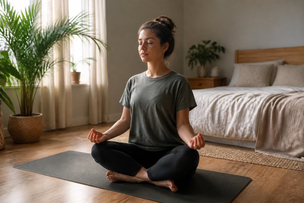 Person practicing meditation on a yoga mat to support natural anxiety management in a calm, plant-filled bedroom.