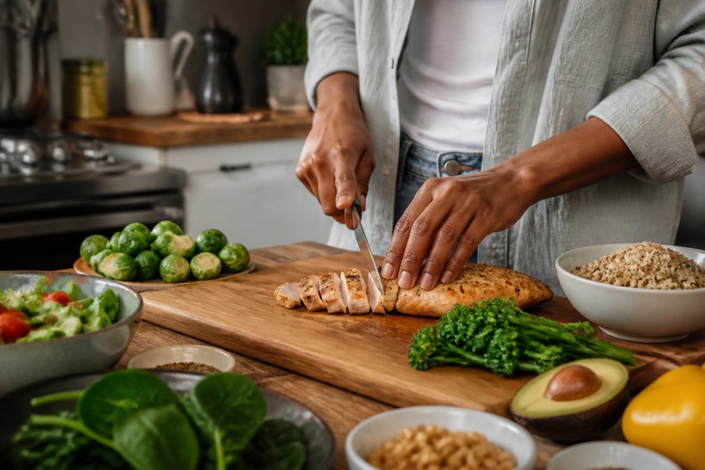 Person preparing a meal of vegetables and lean protein as natural appetite suppressants in a bright kitchen