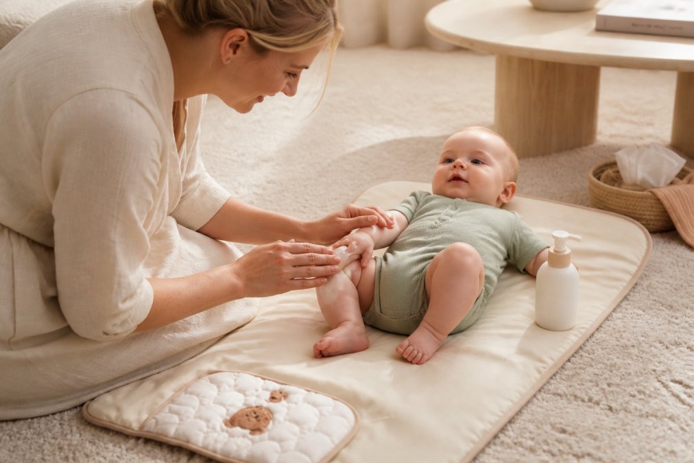 Parent gently applying natural skincare product to baby's arm in soft nursery lighting, close-up showing hands caring for delicate skin with natural product bottle visible on changing table