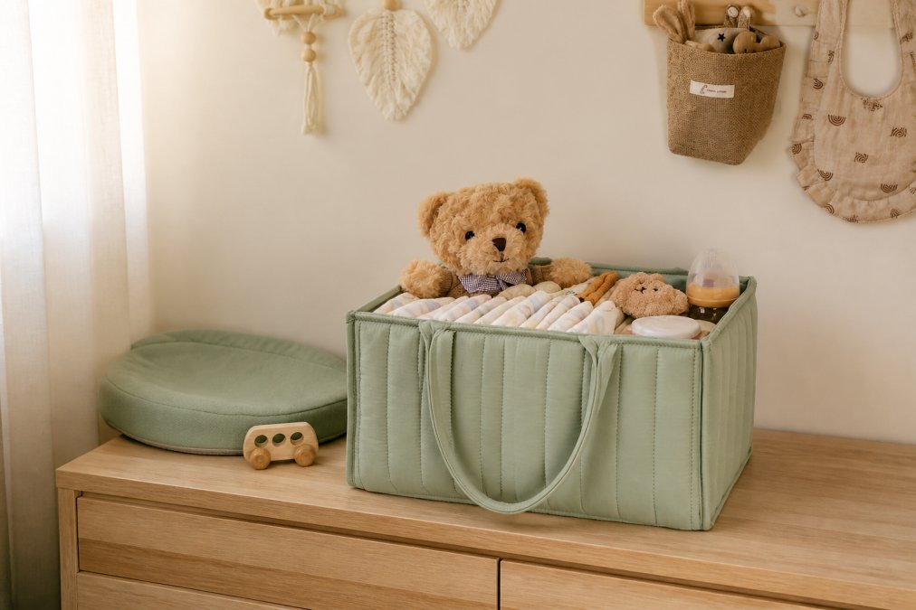 Organised nursery changing station with natural products, nappy caddy organiser, and storage solutions neatly arranged on wooden changing table with soft natural lighting from window