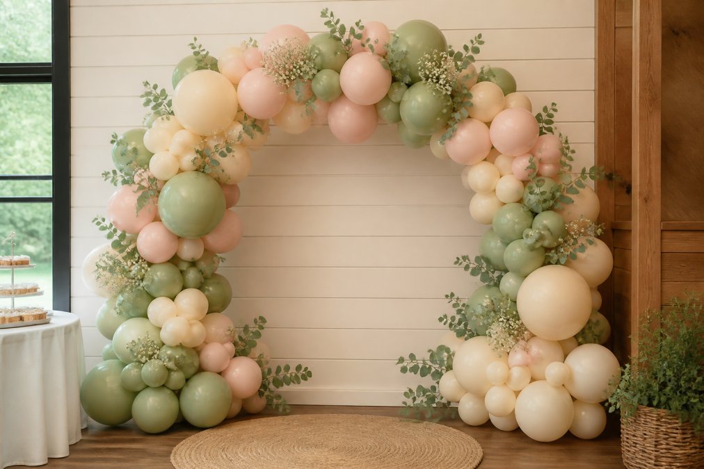 Completed organic balloon garland arch with pastel latex balloons in cream, sage green, and blush tones, interwoven with eucalyptus and baby's breath greenery, arranged as a backdrop for a gender reveal celebration with soft natural lighting