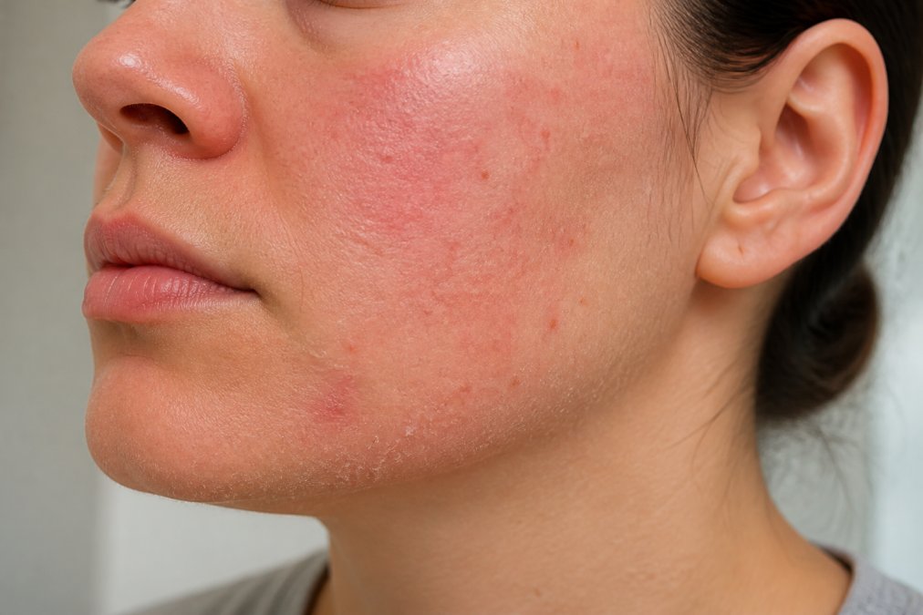Close-up of person's face showing visible redness, irritation, and dry patches on cheek and jawline area with natural lighting