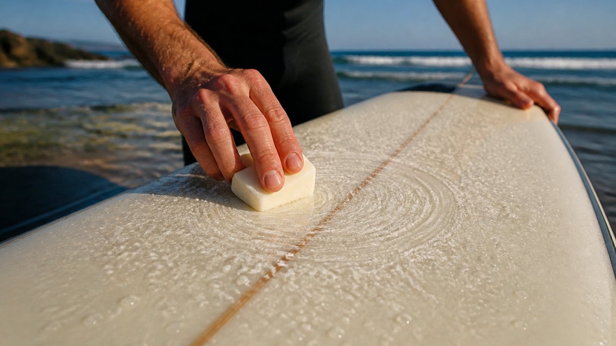 Hands applying circular wax motions to a surfboard in bright sunlight, showing small wax bumps forming on the board surface with water droplets visible