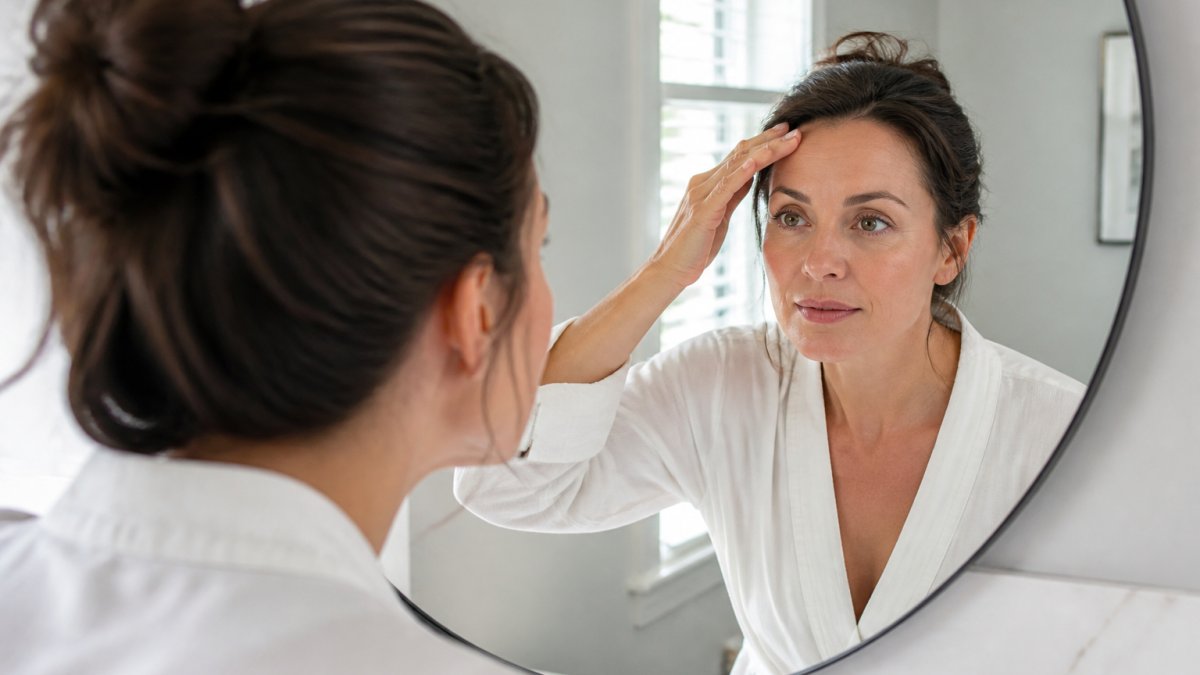 A woman in her forties examining her forehead in a bathroom mirror in soft morning daylight, relaxed neutral expression, no visible tension lines