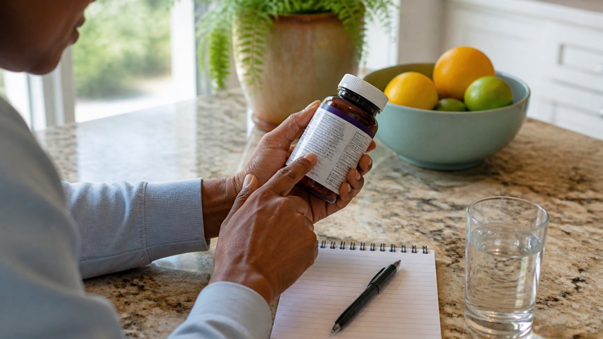Person reading the label of a brain health supplement in a bright kitchen with a notepad nearby