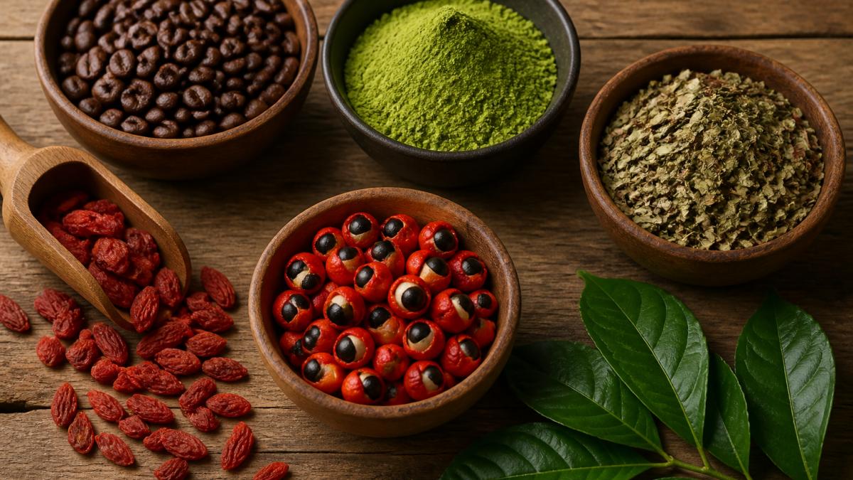 Overhead arrangement of natural caffeine sources including coffee beans, matcha powder, yerba mate leaves, guarana berries, and goji berries on a wooden surface with natural lighting