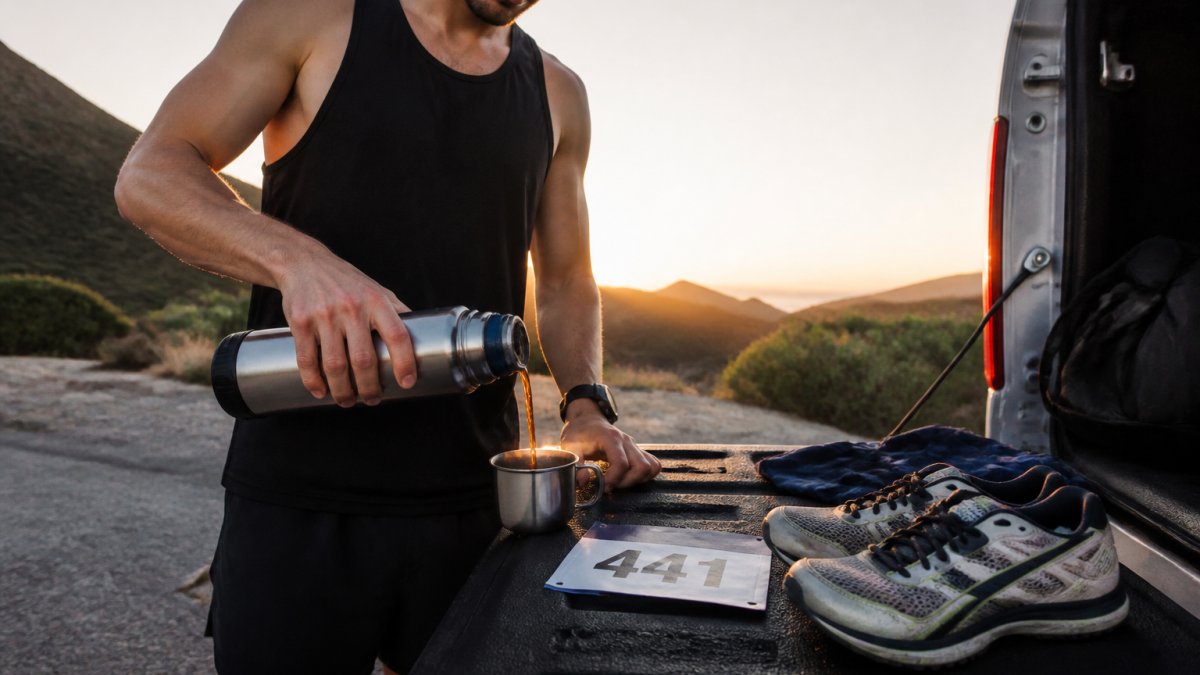 Runner pouring coffee into a metal camp cup on a tailgate at dawn next to race gear