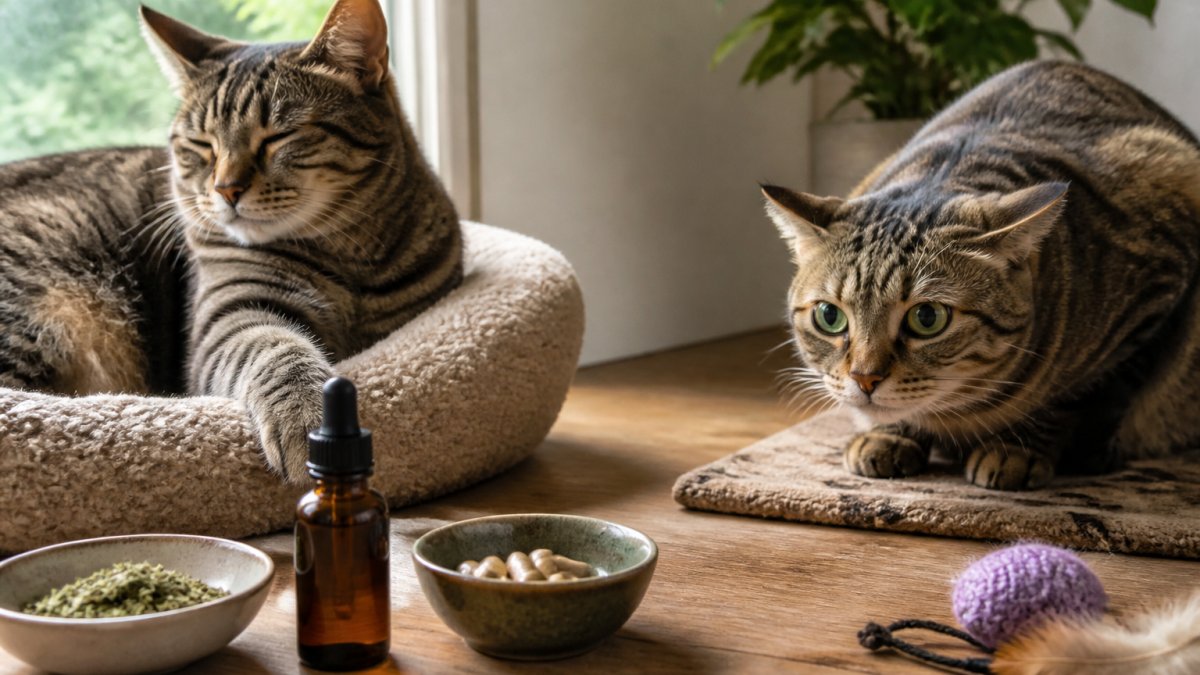 A relaxed tabby cat resting on a cushion compared to a tense cat showing signs of stress and anxiety.