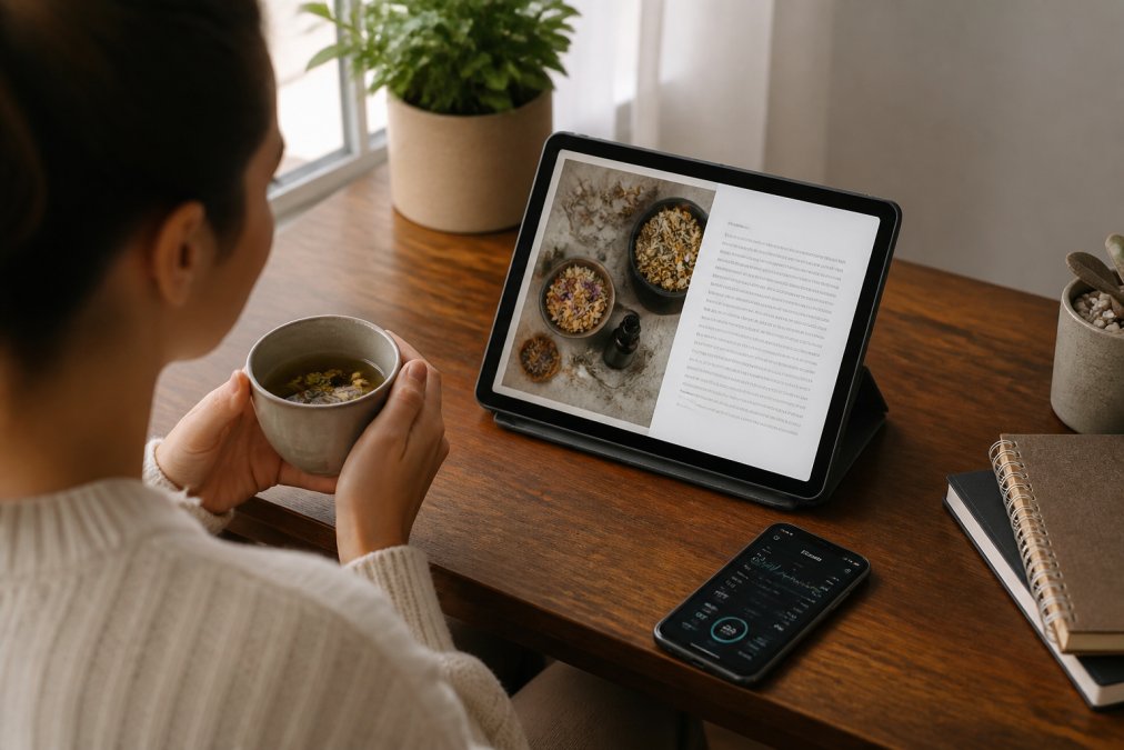A person sitting at a wooden desk with a tablet displaying a wellness ebook, a cup of herbal tea nearby, and a smartphone showing a sleep tracking app, in a calm, softly lit room