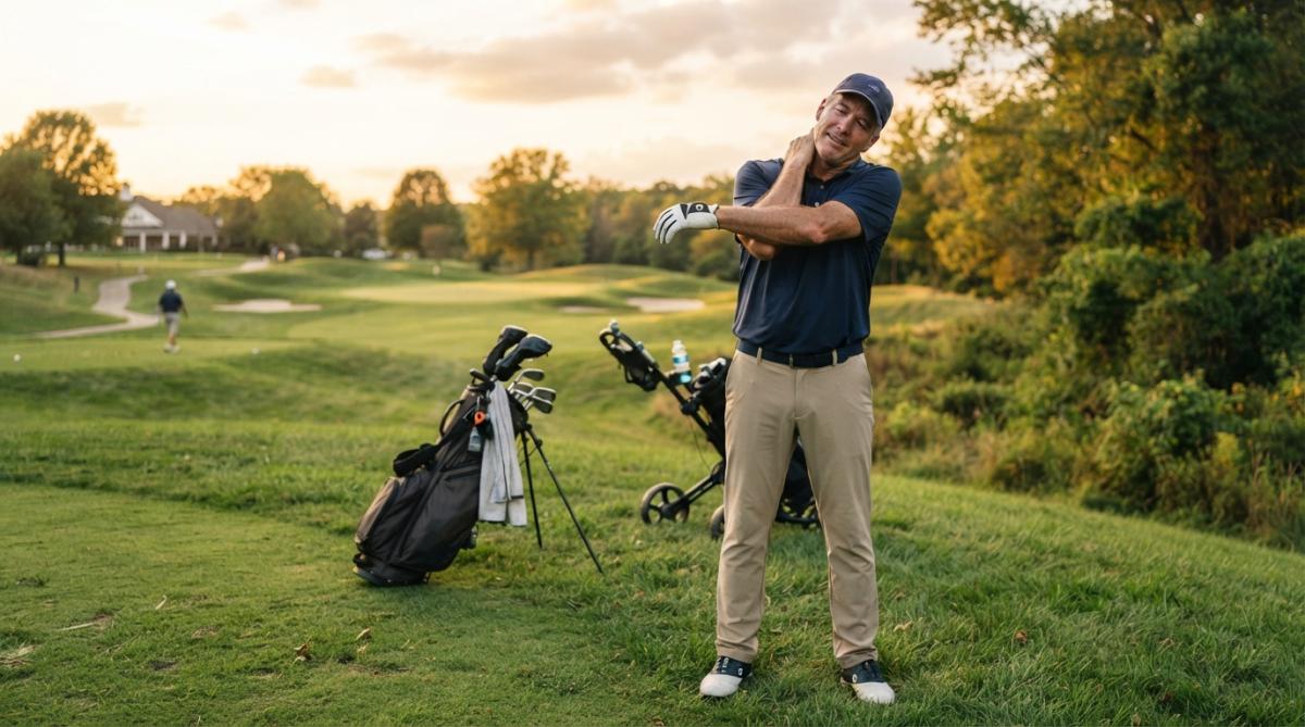 Golfer stretching shoulders and neck after completing a round, standing on the course with golf bag visible in background, late afternoon golden light