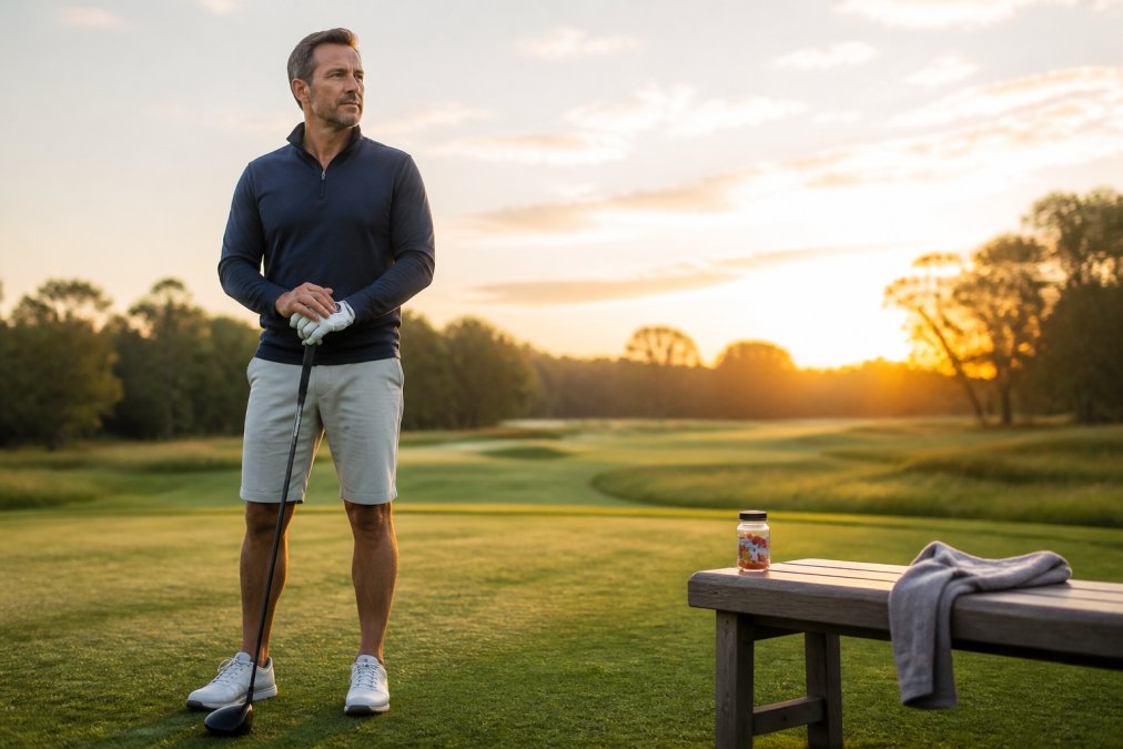 A golfer in his 40s standing on a tee box at sunrise, holding a golf club, looking calm and focused with a bottle of hemp gummies on the bench beside him