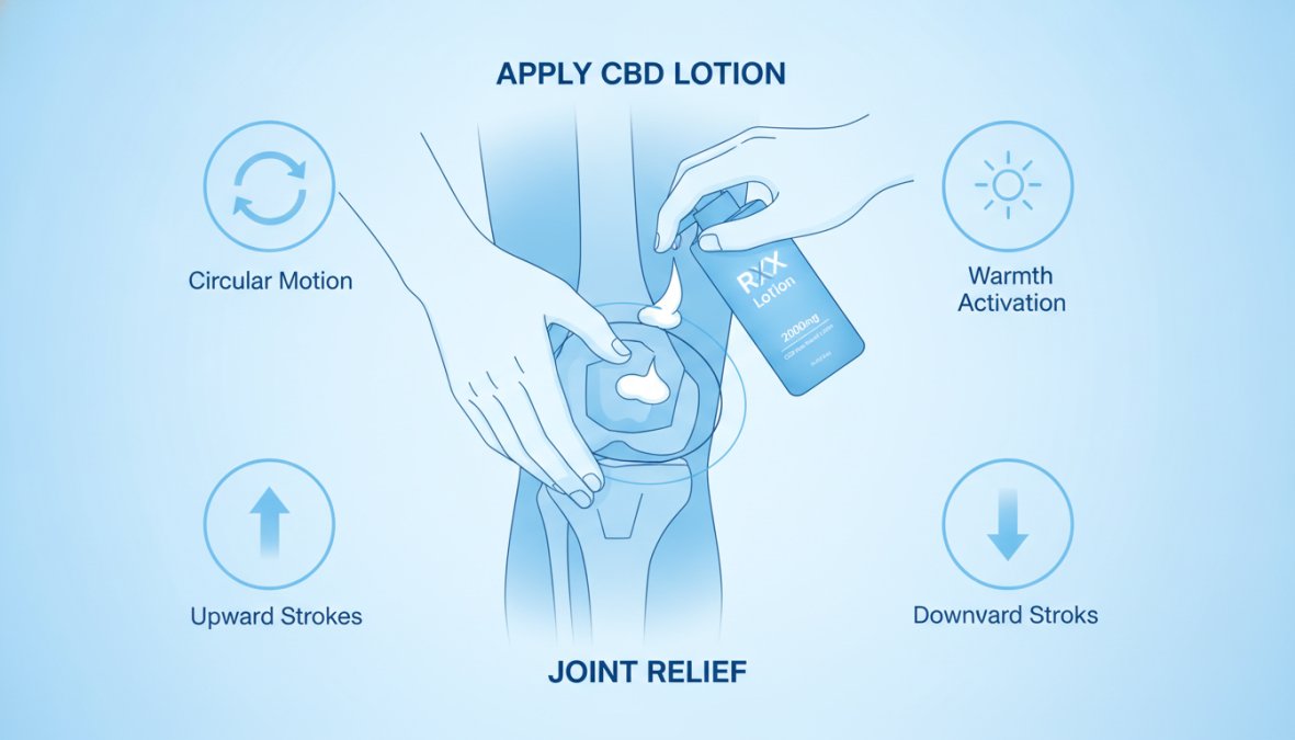 Close-up of hands applying natural CBD lotion to knee joint with gentle massage technique, showing product absorption into skin with natural lighting