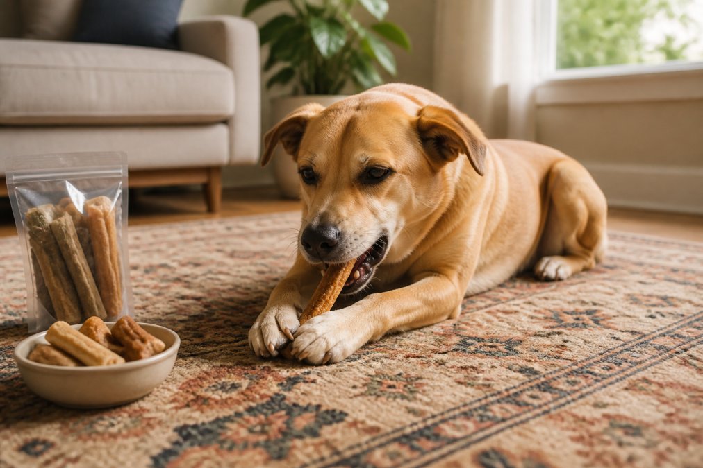 A medium-sized dog lying on a living room rug happily chewing a natural dental chew stick, with a small bowl of treats and a bag of chews visible on the floor nearby, warm natural light from a window