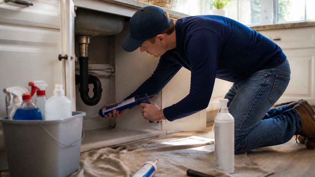 A homeowner sealing gaps under a kitchen sink with caulk, cleaning supplies visible, bright natural light from a window