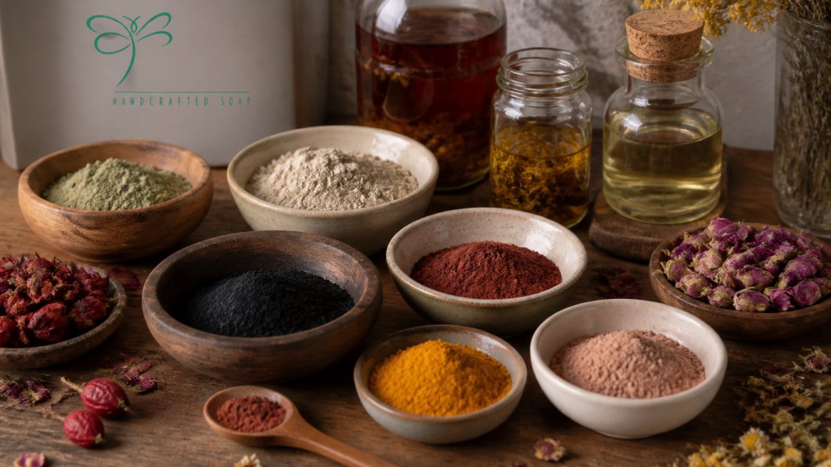 Artfully arranged bowls and containers of various natural colorants, clays in cream and green, activated charcoal in black powder, botanical powders like turmeric and madder root in warm tones, and glass jars of infused oils, displayed on a wooden surface with dried flowers, rose hips, and chamomile scattered nearby