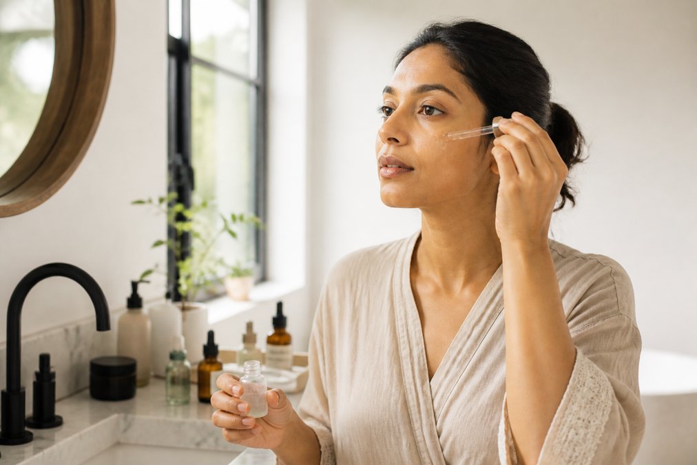 Woman applying a dark spot corrector serum to her cheek in a bright, modern bathroom with skincare products.