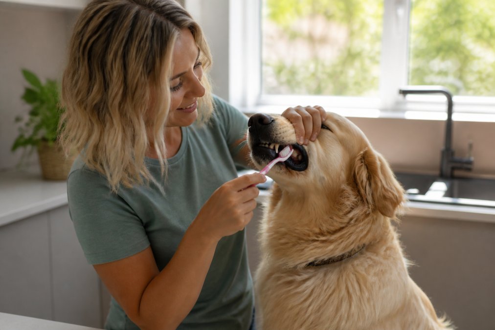 Pet owner gently brushing a relaxed dog's teeth to support natural dental care in a bright, homely kitchen.