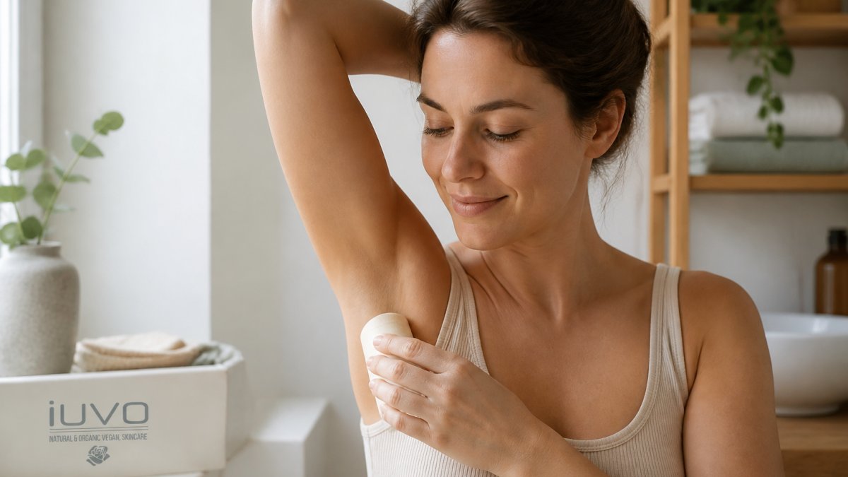Close-up of a person applying a natural deodorant bar to their underarm, with a calm and gentle expression, soft natural lighting