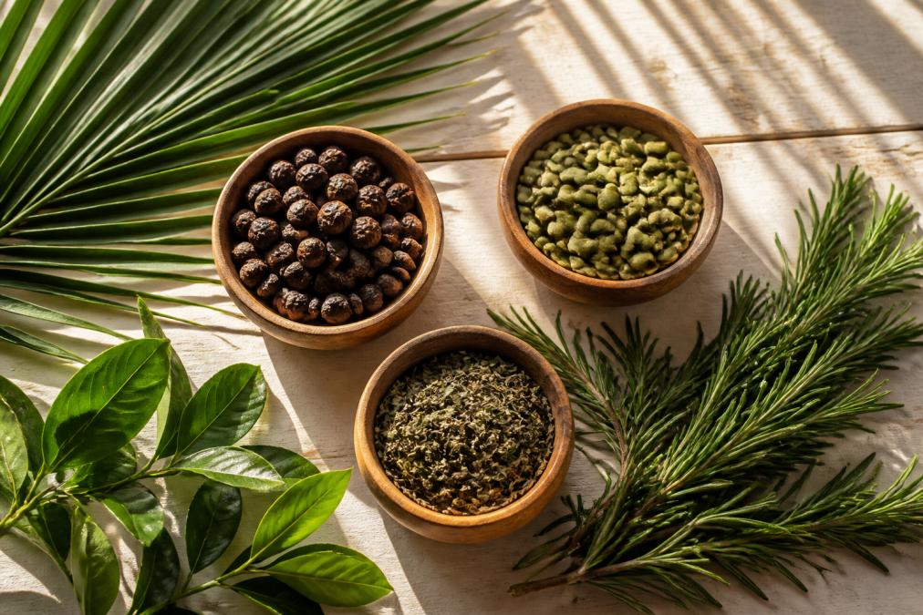 Flat lay arrangement of natural DHT-blocking ingredients including saw palmetto berries, pumpkin seeds, fresh rosemary sprigs, and green tea leaves on a light wooden surface with soft morning light