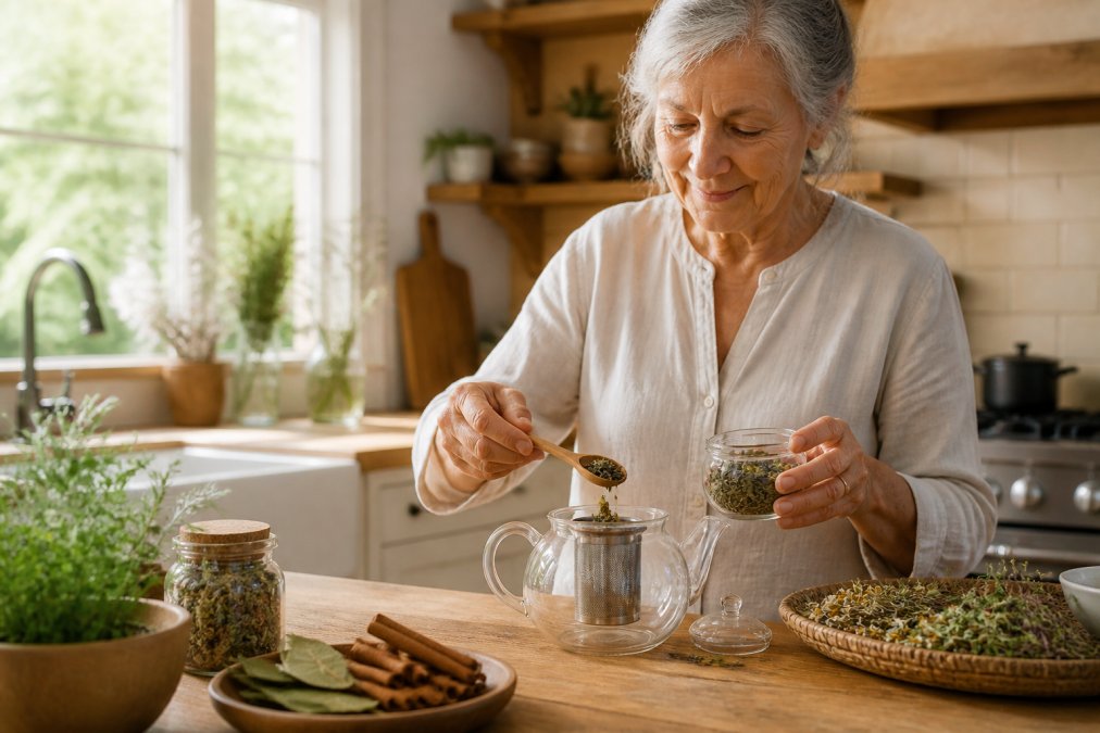 Senior woman preparing loose-leaf herbal tea with cinnamon in a sunny kitchen