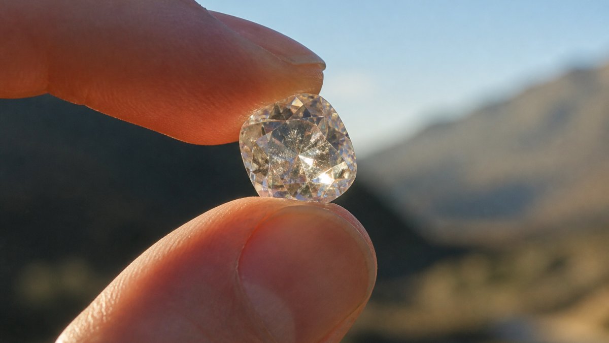 Close-up of a natural diamond being held up to light, showing brilliant sparkle and internal characteristics with natural lighting