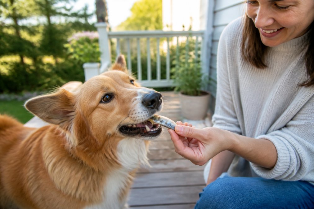A pet owner feeding her dog a treat for joint support.