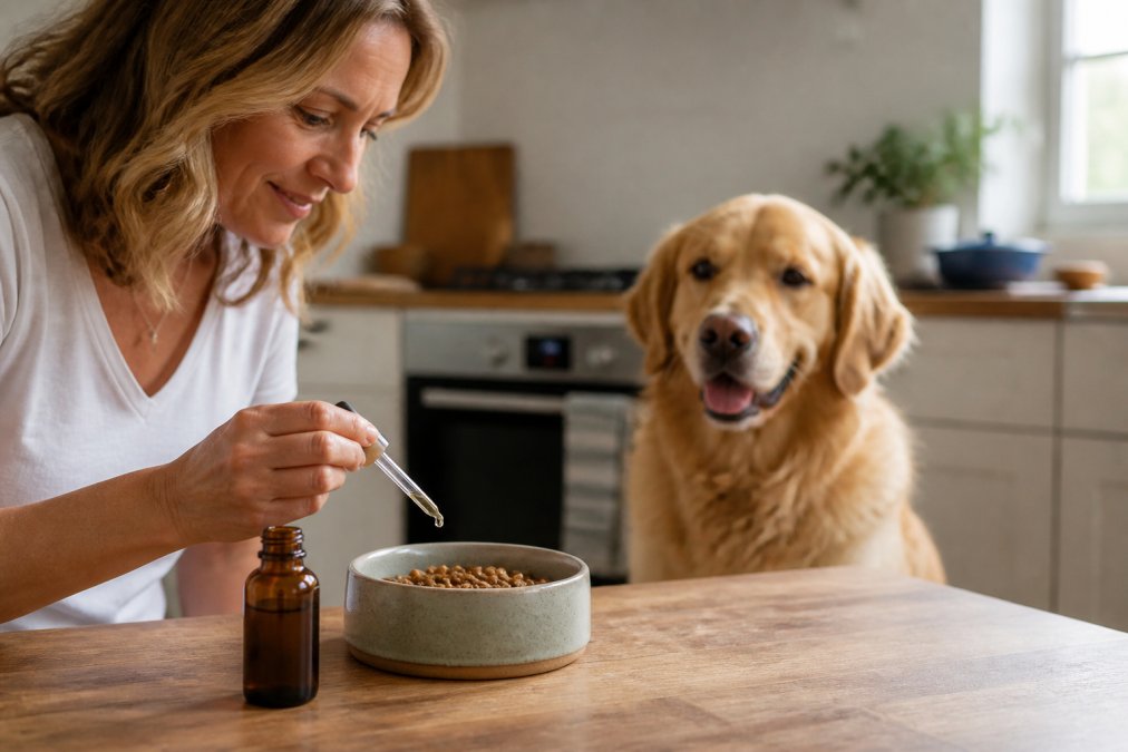 A pet owner supporting her dog with joint supplements