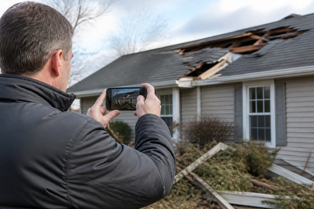 Homeowner using a smartphone to document roof damage for natural disaster coverage homeowners insurance claims