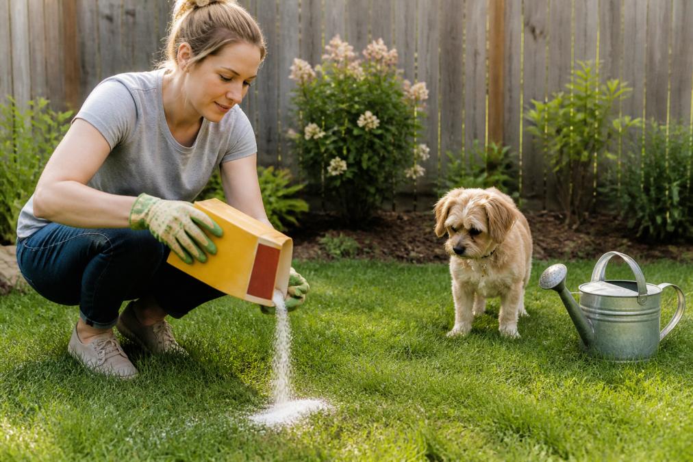 Person in garden gloves sprinkling baking soda on a lawn as a dog watches nearby in the afternoon sun