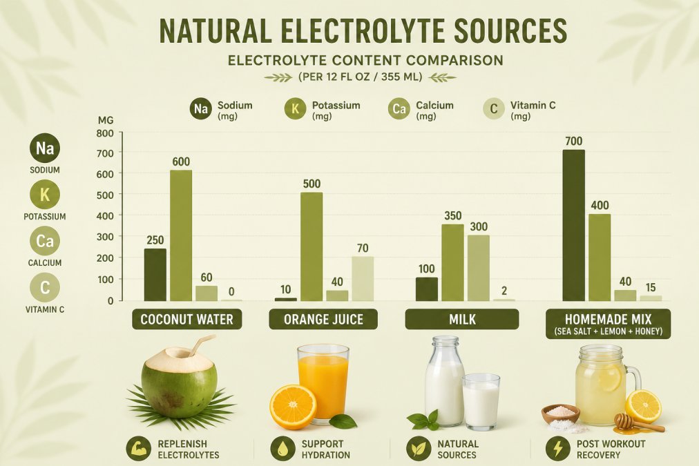 Bar chart comparing electrolyte content across natural drink options: coconut water (high potassium, moderate sodium), orange juice (potassium and vitamin C), milk (calcium and potassium), and a homemade mix (high sodium, moderate potassium)