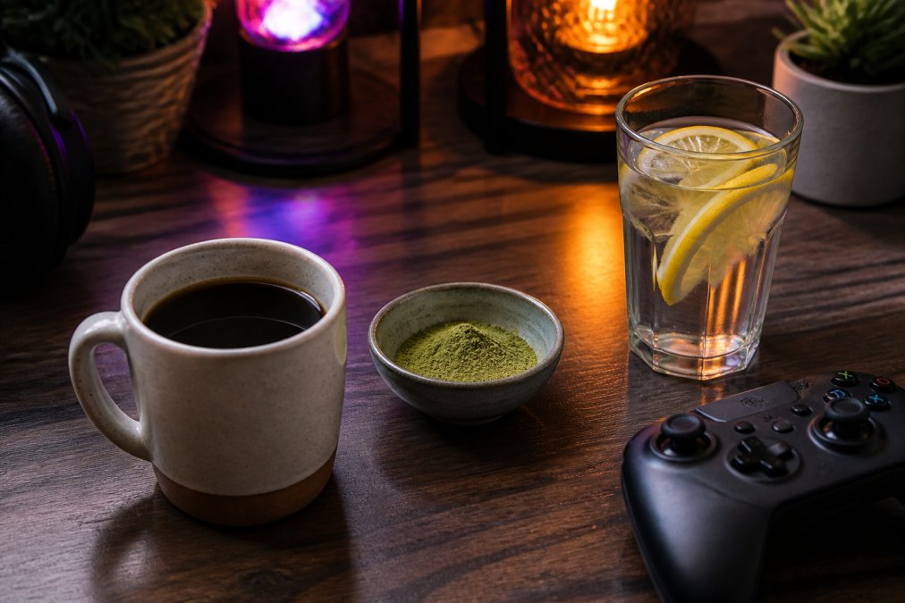 Freshly brewed coffee, matcha powder, and lemon water on a desk providing natural energy for a gaming session.