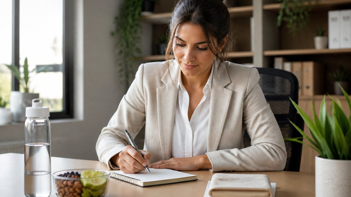 Professional at desk with water bottle, healthy snack, and notepad, looking focused during morning work hours with natural office lighting