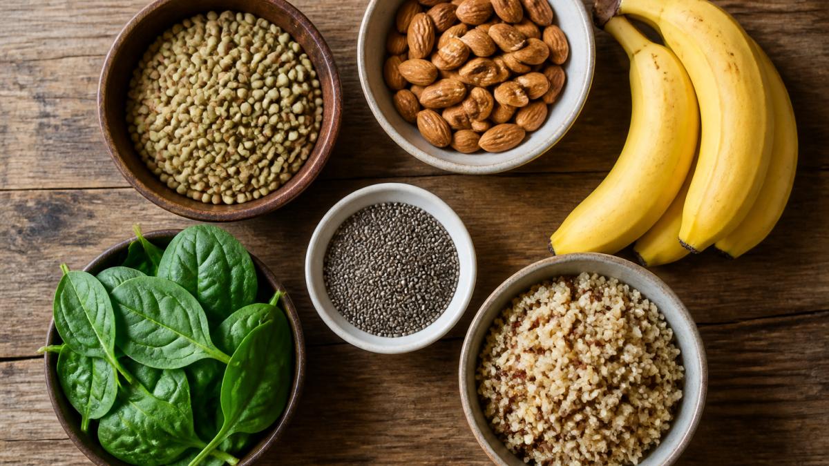 Infographic showing seven whole plant-based foods that provide sustained energy throughout the day