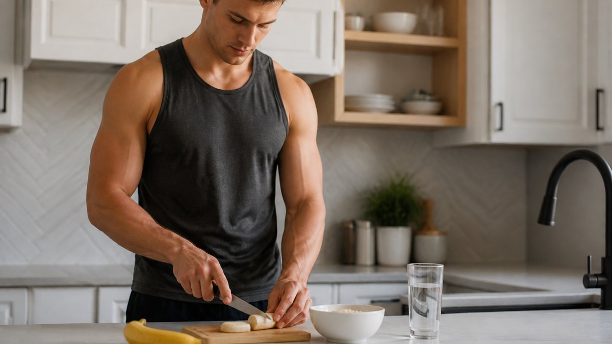 A beginner athlete in workout clothes preparing a simple pre-workout snack in a bright kitchen, with a banana, bowl of oats, and glass of water on the counter