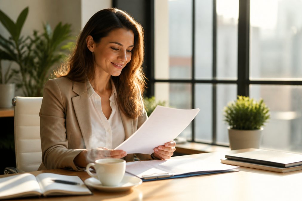 Professional woman at her desk in morning light, looking energised while reviewing work documents with a steaming cup of tea nearby, natural office lighting streaming through windows