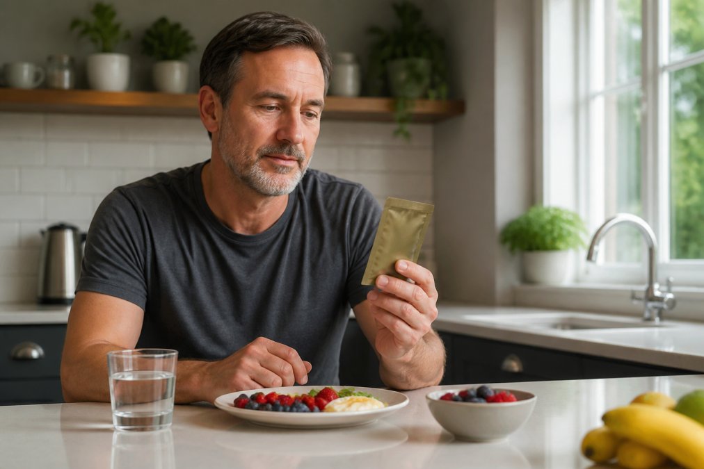 Man in his forties preparing natural energy supplements for men over 40 in a bright morning kitchen