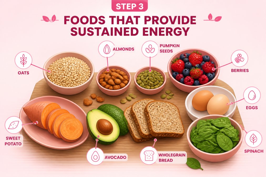 Colourful spread of whole foods on a wooden table in natural daylight: steel-cut oats in a bowl, almonds and pumpkin seeds scattered nearby, fresh berries, eggs in a ceramic dish, sliced sweet potato, avocado, wholegrain bread, and fresh spinach