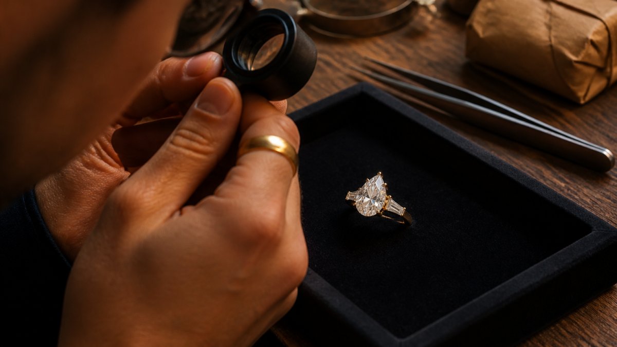 Close-up of a jeweller's hands holding a loupe over an antique pear-cut diamond ring resting on a dark velvet tray, warm workshop lighting, tweezers and a small paper parcel visible in the background