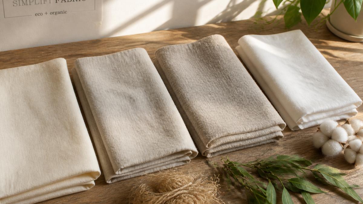 Swatches of organic cotton, linen, hemp, and Tencel fabric arranged on a textured wooden surface in sunlight.