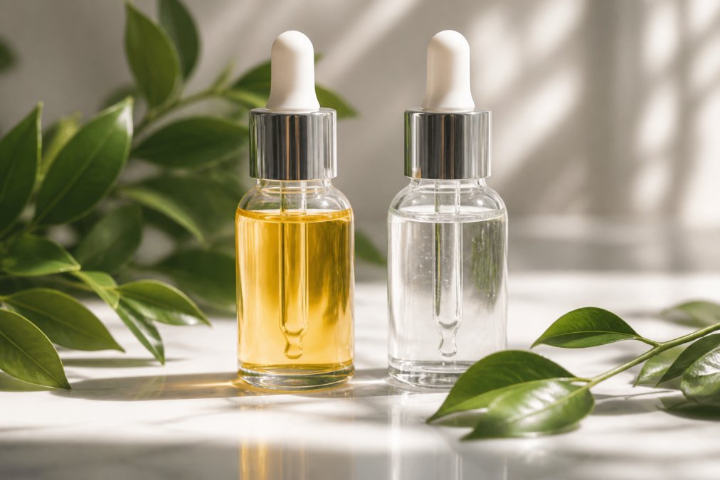A close-up of two glass dropper bottles on a clean white surface, one labelled face oil with a golden liquid and one serum with a clear liquid, surrounded by soft green leaves and natural light