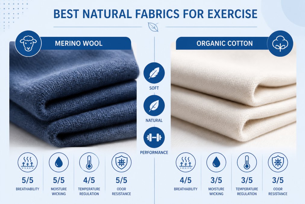 Close-up of folded merino wool and organic cotton fabric swatches showing distinct texture and natural material quality, with soft natural lighting highlighting the fibers