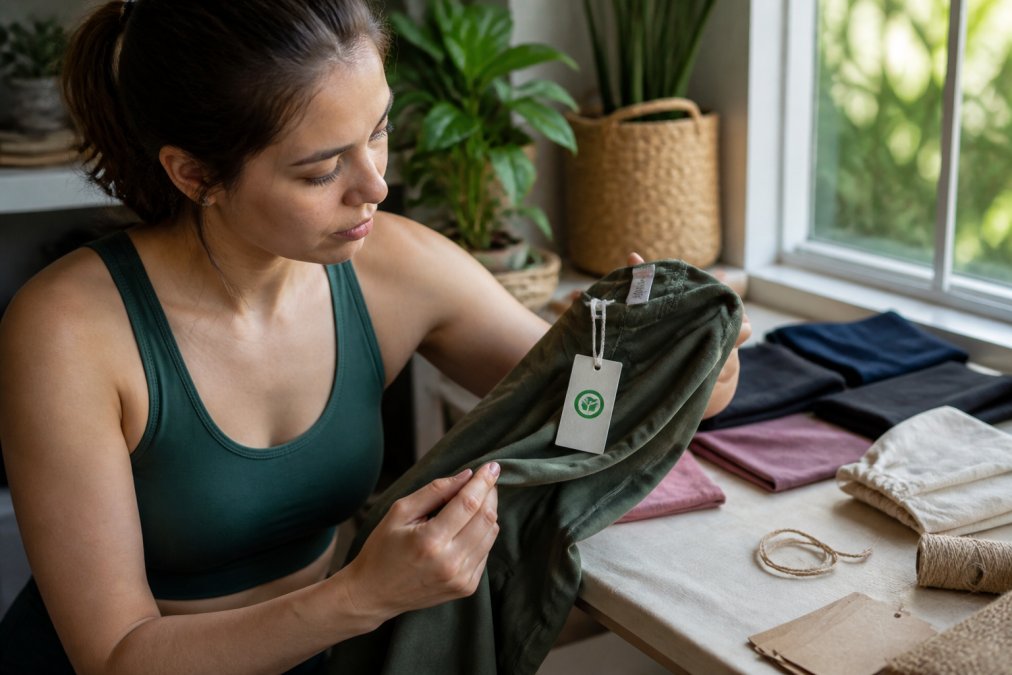 Person examining a sustainable activewear label and GOTS certification tag while holding eco-friendly leggings in natural daylight near a window