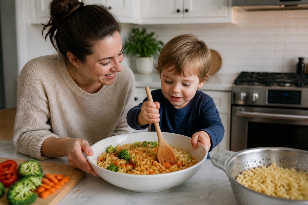 Infographic process showing how to blend natural fiber alternatives for kids into nutritious pasta meals