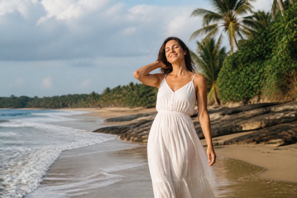 Woman wearing a flowing 100% cotton sundress on a humid tropical beach, visibly comfortable with fabric draping naturally on her body, sunlight highlighting the breathable weave texture