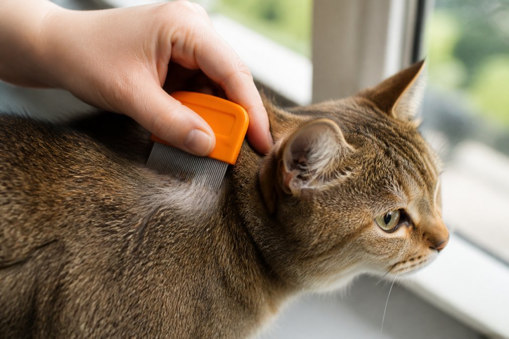 Close-up of a cat being groomed with a fine-toothed flea comb, showing the tool extracting fleas from the cat's dense fur in natural window lighting