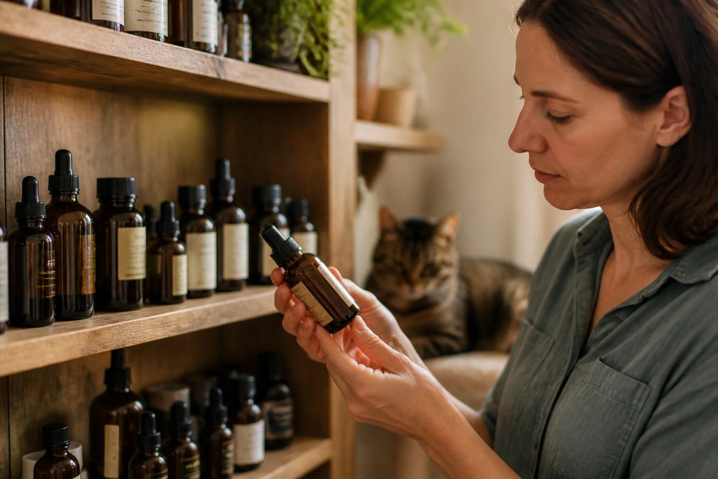 Bottles of essential oils including cedarwood, thyme, and peppermint arranged on a wooden shelf with a pet owner carefully reading product labels and safety information