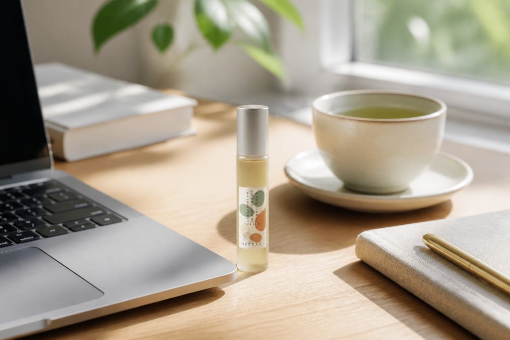 Close-up of a small matte aromatherapy roller resting on a wooden desk beside an open laptop, with a cup of green tea and soft morning light coming through a nearby window